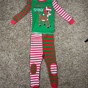 Festive Reindeer Kids Pajama Set - Green and Red Stripes